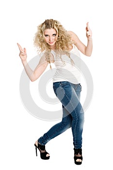 Young blond girl dancing hip hop.