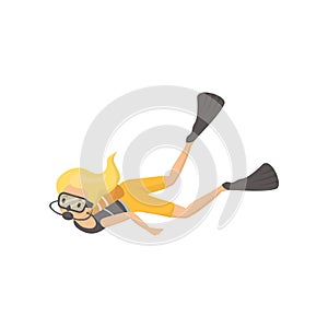 Young blond girl engaged in scuba diving. Cartoon female character in wetsuit, mask and flippers. Flat vector design