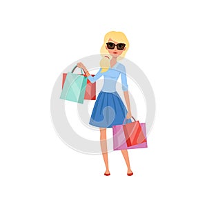 Young blond girl holding lots of colorful shopping bags. Pretty woman in sunglasses, blue blouse and skirt. Flat vector