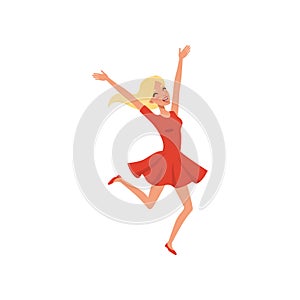 Young blond girl jumping up with excitement. Emotional person. Cartoon character of woman with happy face expression