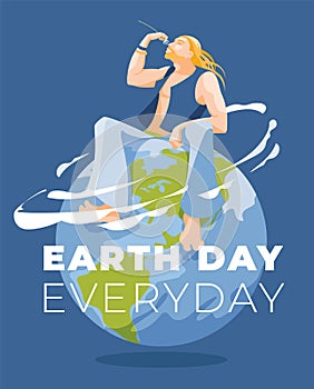 a young blond guy with long hair sits on a globe and sniffs a flower. Earth day and environment ecology concept poster. Vector