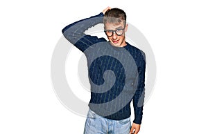 Young blond man wearing casual clothes and glasses confuse and wonder about question