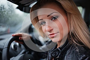 Young blond woman in car