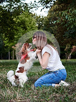 Young blond woman with Cavalier king charles spaniel, training in park in summer. Dog owner, wearing blue jeans and white t-shirt