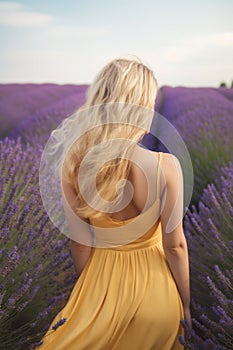 Young blond woman in lavender field Happy carefree AI generated