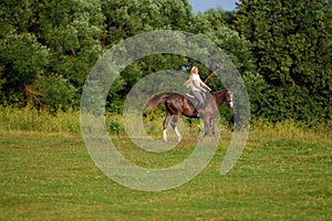 Young blond woman with long hair jockey rider jumping on a bay horse