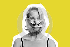 Young blond woman with a measuring tape in her teeth. Diets and healthy lifestyles. Close-up. Black and white photo. Bright yellow