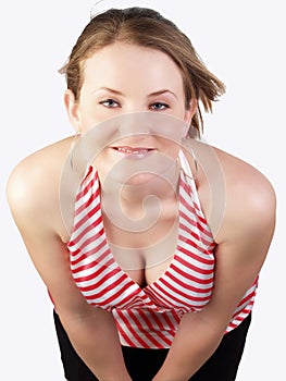 Young blond woman in red and white top cleavage