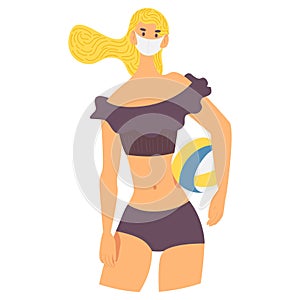 Young blond woman in swimwear and protective face mask with volleyball ball isolated on white. Black bikini, flat character during