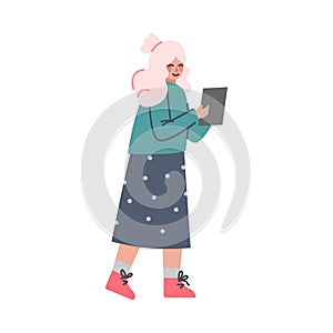 Young Blond Woman Walking with Tablet PC Listening to Podcast Vector Illustration