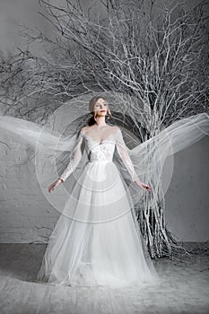 A young blonde bride in white wedding dress on a background of white walls and white tree in the background