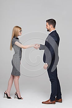 Young blonde businesswoman handshake with professional senior bu