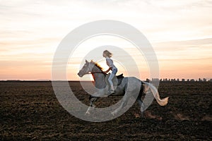 Young blonde girl riding on a horse on the field during sunset