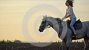 Young blonde girl riding on a horse on the field during sunset, slow motion