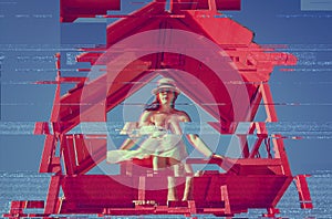 A young blonde girl in a straw hat and white dress sits on a red rescue tower on the beach of Egypt against a blue sky. Glitch