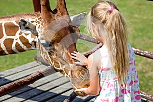 A young blonde girl is stroking a giraffe on the head in the zoo