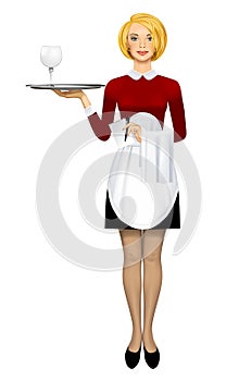 Young blonde girl waiter in uniform with a napkin and notebook in her hand holding a round tray with an empty glass of wine