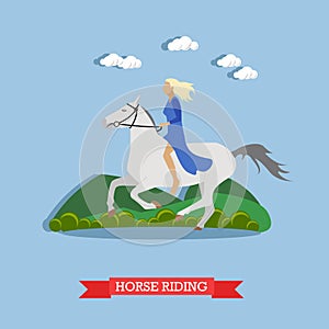 Young blonde lady riding white graceful horse, vector illustration.