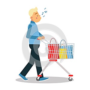 Young blonde man in casual clothes walking with a shopping cart and a whistling a tune cartoon character vector