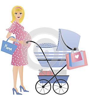 Young blonde pregnant woman with shopping bags and pram