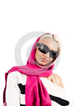 Young blonde wearing pink scarf and staring