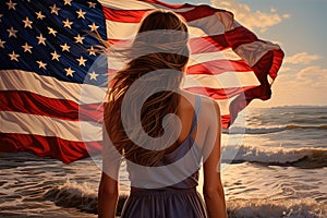 Young blonde woman on the background of the USA flag on sunset