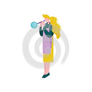 Young Blonde Woman Blowing Glass, Female Glassblower Character, Hobby or Profession Vector Illustration