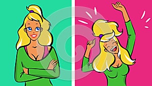 Young blonde woman calm then very happy, vector illustration