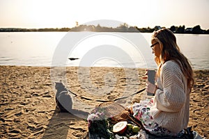 Blonde Woman On The Beach, Picnic With Kitten