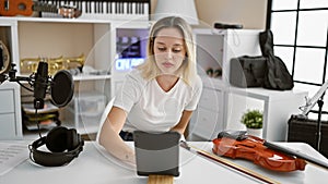 Young blonde woman musician using touchpad at music studio