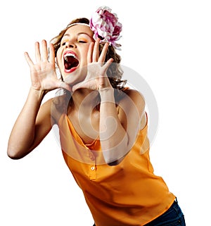 Young blonde woman shout and scream