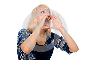 Young blonde woman shout and scream using her hands as tube