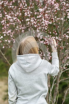 A young blonde woman smelling cherry blossom