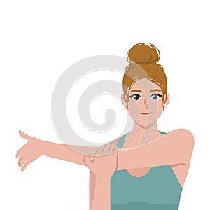 Young blonde woman stretching posture for aches treatment at shoulder