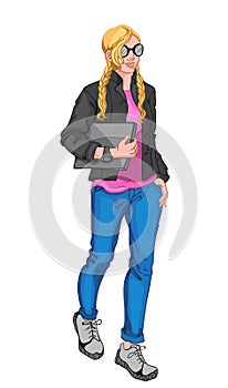 Young blonde woman wearing pink blouse, black jacket, sunglasses, watch, blue jeans, gray sneakers and holding a laptop