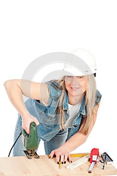 Young blonde woman is working