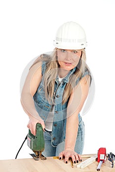 Young blonde woman is working