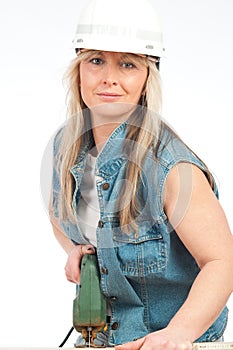 Young blonde woman is working