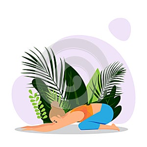 Young blunt hair lady practicing child pose. International yoga day vector