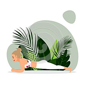young blunt head lady practicing forearm Plank, Young girl in white gym outfit practicing plank yoga asana