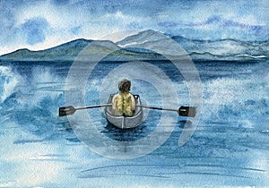 A young boatman sails on a rowing boat along the blue sea.