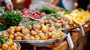 young boiled potatoes with dill and garlic free flo restaurant or street food corner cafe