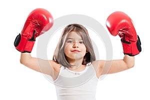 Young boxer girl raising arms up