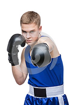 Young boxer sportsman in blue sport suit