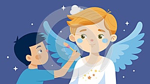 A young boy carefully paints the face of the angel he will portray adding glitter and sparkles to make it shine.. Vector