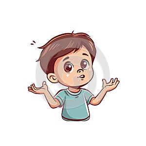 Young boy cartoon character looking confused worried. Brown hair, teardrops, blue shirt photo