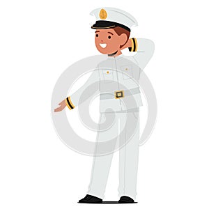 Young Boy Character Adorned In A White Captain Costume, Exudes Joy And Adventure, His Eyes Alight With The Excitement