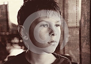 Young boy child black and white gazing photo