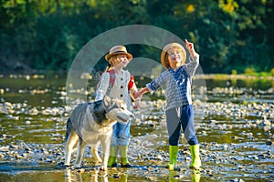 A young boy child and girl with dog playing outside in a river in the woods. Small boy and girl is playing with the dog