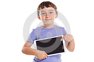 Young boy child pointing at tablet computer information marketing ad advertising isolated on white